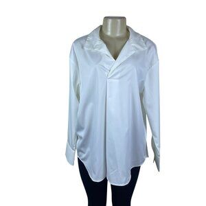 Prettywear Women White Satin Long Sleeve Collar Shirt Elegant Classic Sz L - New